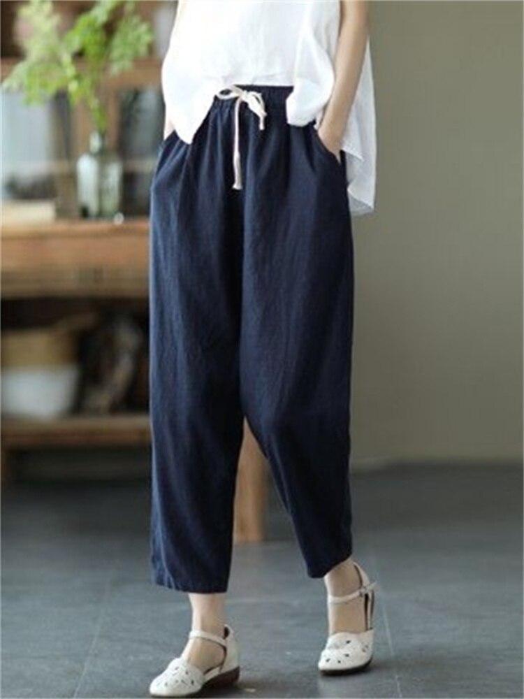 Harajuku Summer High Waist Elastic Women's Cotton Linen Wide Leg Capris Pants for Women Baggy Harem Pants Woman Trousers