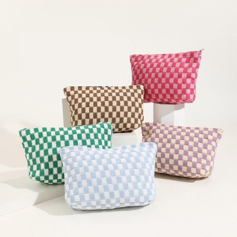 Crochet Makeup Bag Checkered Toiletry Bag Cosmetic Bag Versatile Storage Bag for Brush Lipstick Stationery Personal Care