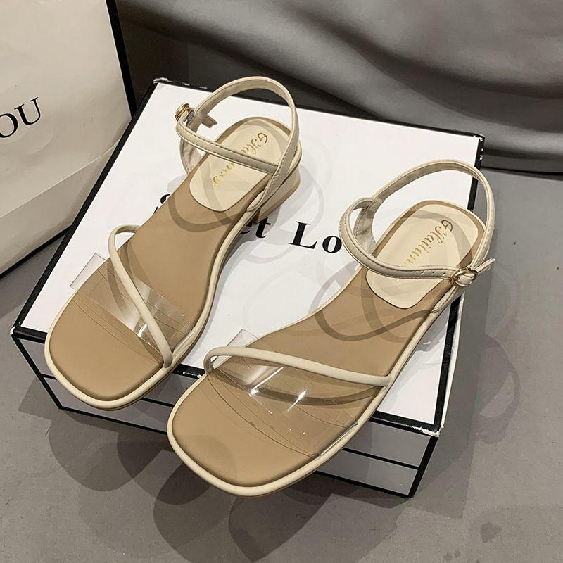 

2025 summer square head thick heel fairy wind transparent word with casual fashion temperament versatile Roman sandals woman 40
