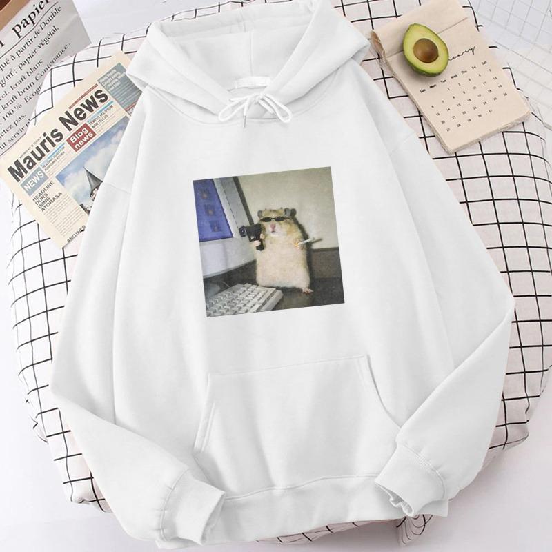Cyber Hamster Meme Cringe Funny Animal Vintage Graphic Hoodie for Men Women Long Sleeved Loose Casual Neutral Sweater Tops