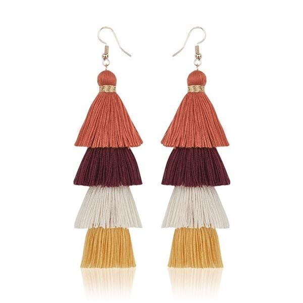 Bohemian Fringe Long Gradient Multilayer Drop Earrings Women Silk Fabric Ethnic Tassel Earring