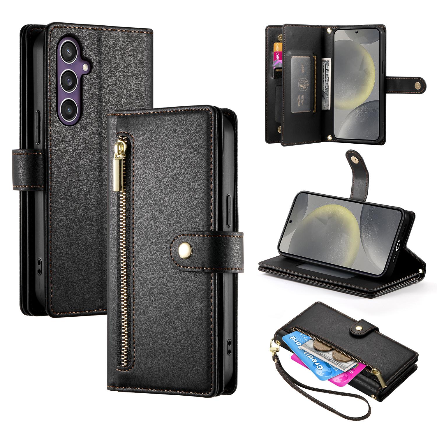 

DF-011 For Samsung Galaxy S25+ Case Zipper Pocket Wallet Leather Phone Cover with Straps B