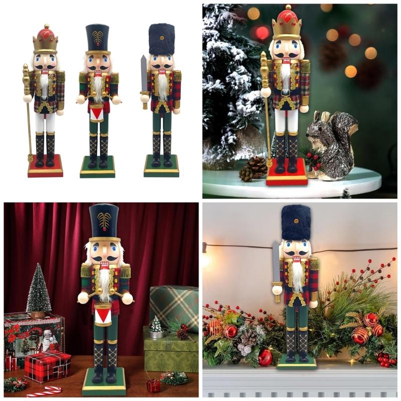 Traditional Wood Checkered Nutcrackers 38cm Figure Ornament Christmas Soldier King Puppet Figurine Holiday Decoration
