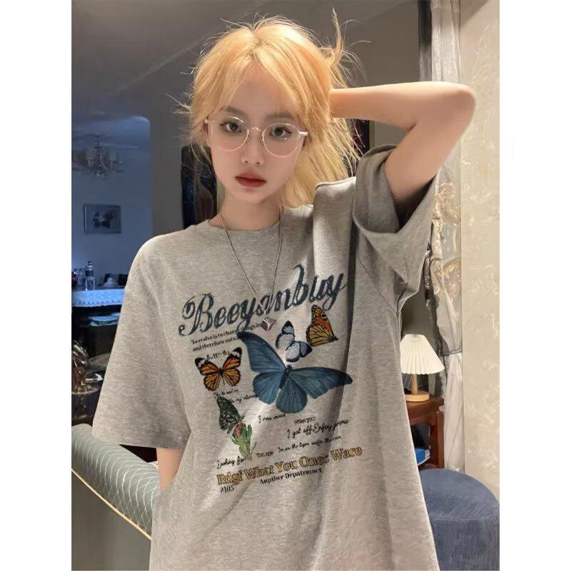 Women's Loose-Fit Butterfly Retro Crew Neck T-Shirt, Summer 2025 Trend