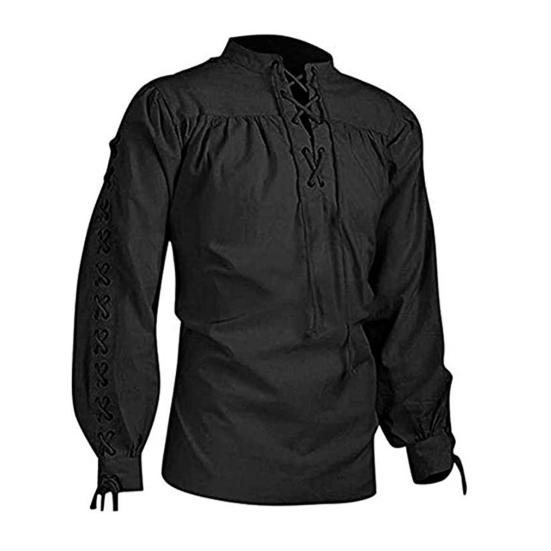 

Мужской топ с воротником-стойкой, однотонный, винтажный, с длинным рукавом и кулиской, для сценического шоу M чёрный