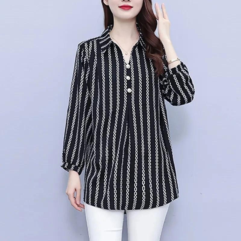 Middellange Verticaal Gestreepte Blouse voor Dames Vroege Herfst Nieuw Groot Maat Los en Stijlvol Kraag Dames T-shirt
