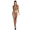 Women Leopard Bodysuit Wet Look Faux Leather Catsuit Zipper Open Crotch Jumpsuit Mistress Sex Costumes
