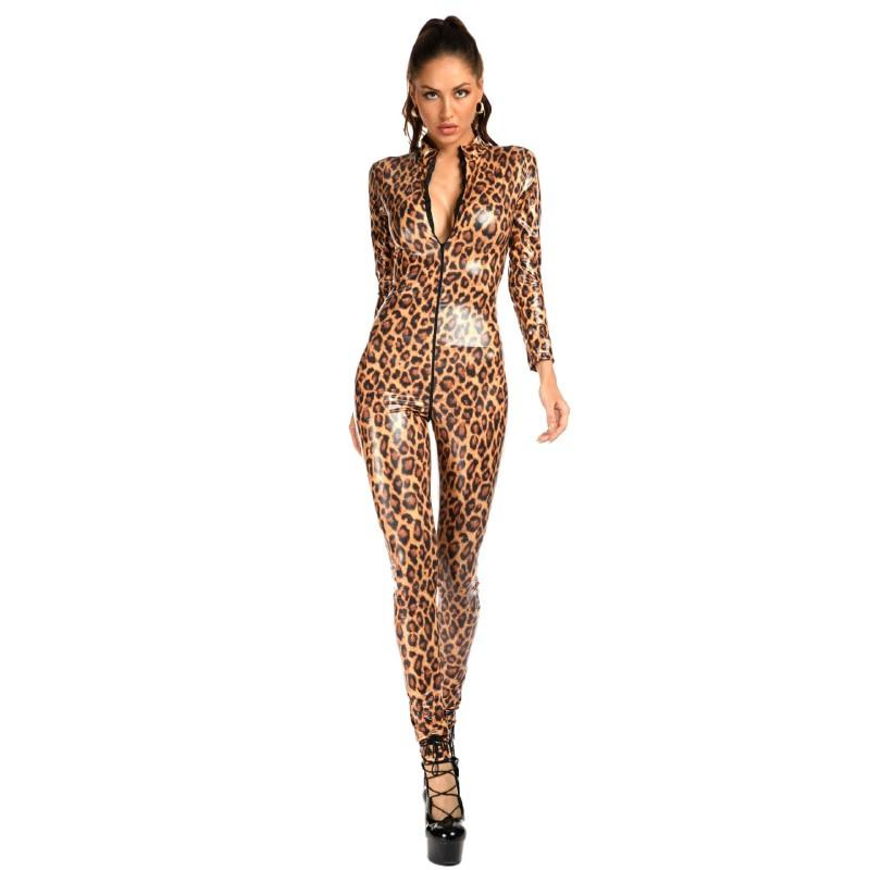 Women Leopard Bodysuit Wet Look Faux Leather Catsuit Zipper Open Crotch Jumpsuit Mistress Sex Costumes