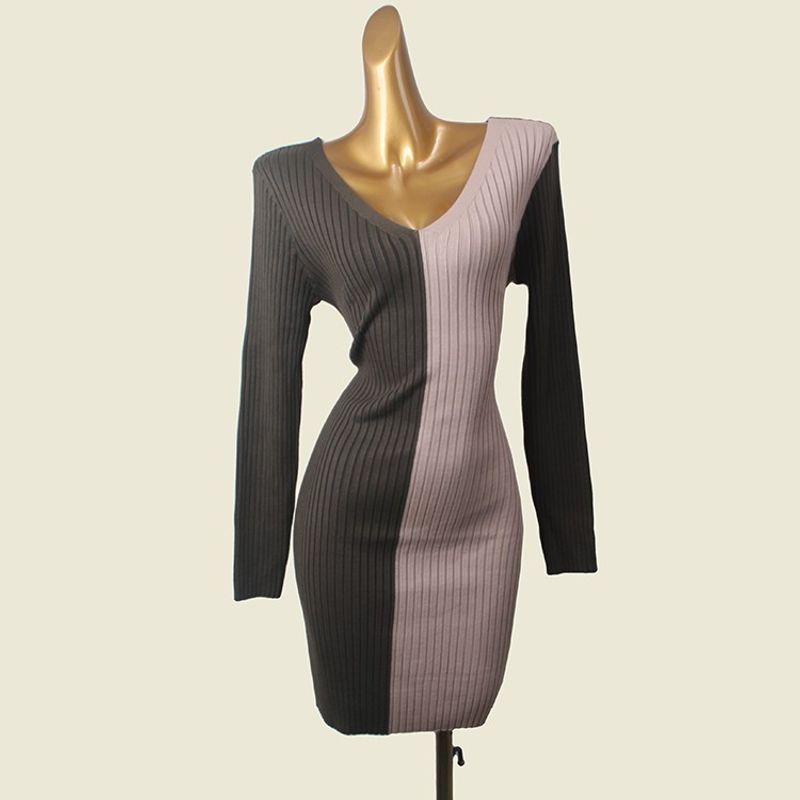 

Fancy Color Matching Waist Trimming Lace up Bodycon Dress Fashion Wind V Neck Long Sleeves Thermal Knitting Dress Army Green S