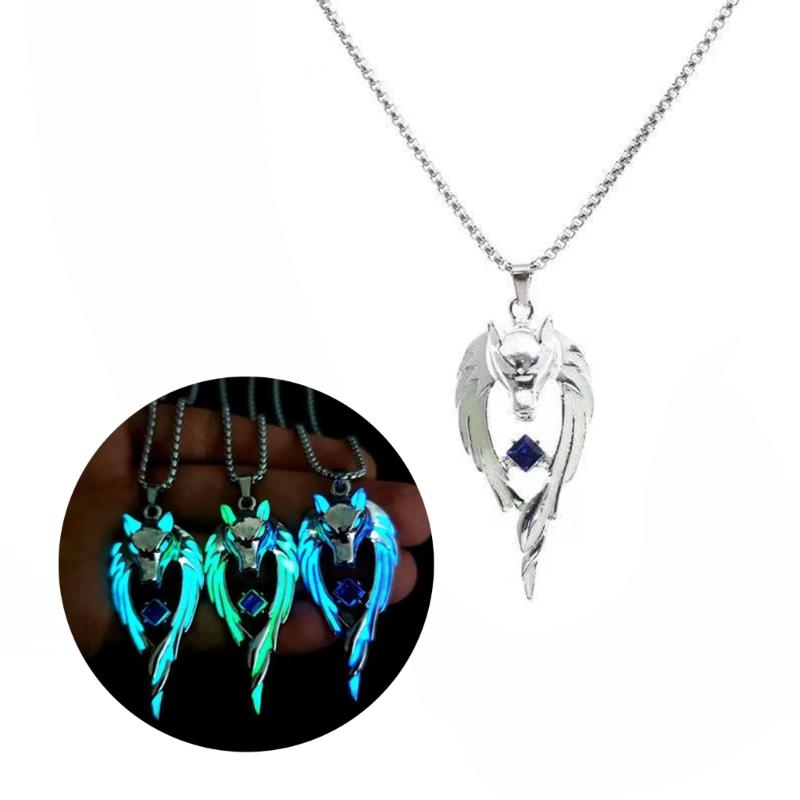 Wolf Pendant Necklace Luminous Animal Sweater Chain Long Necklace Glow In the Dark Jewelry Gift for Women Men Teens