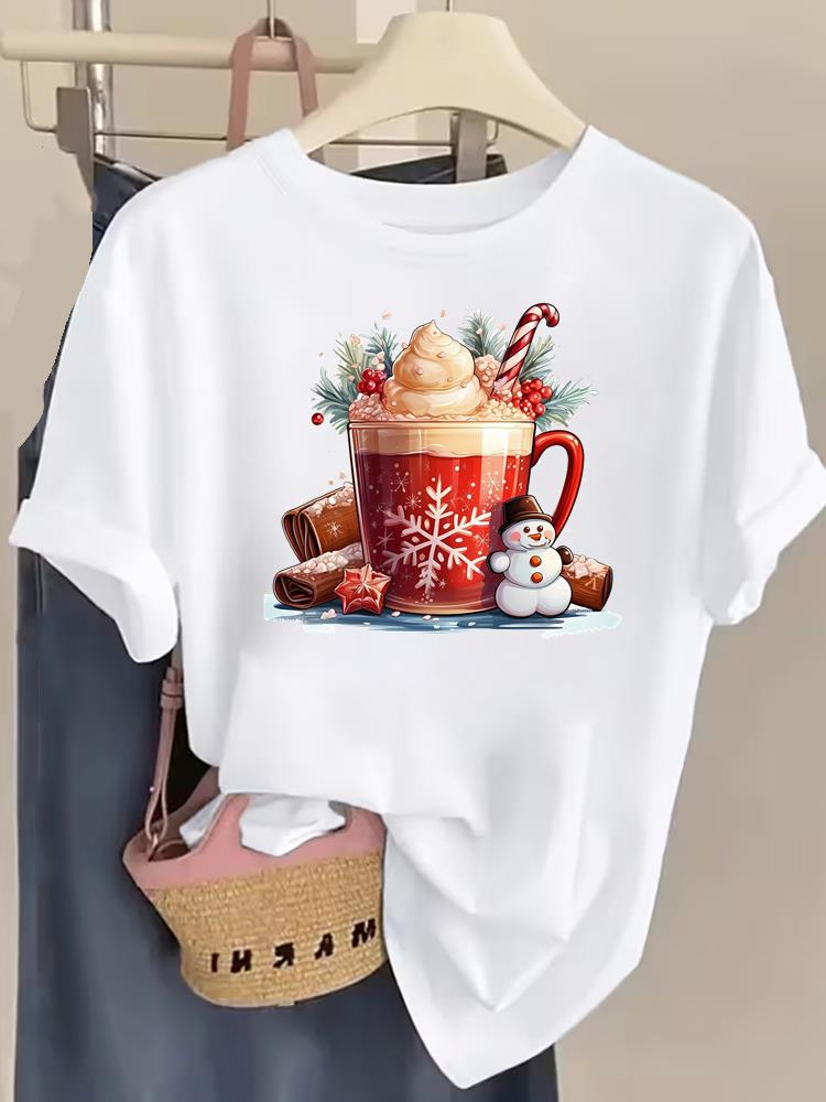 (Asian Size) watercolor trend Tee Top Christmas Festival New Year Clothing T Shirt Women Fashion Print Female Woman Short Sleeve Graphic T-shirts