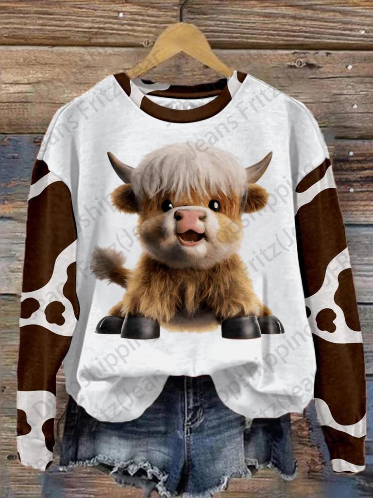 Damen T-Shirt 3D Cartoon Tier Kuh Print Sweatshirt Casual Oansatz Hoodie Mode Frauen Sweats Frühling Herbst Mantel Sudaderas Femme