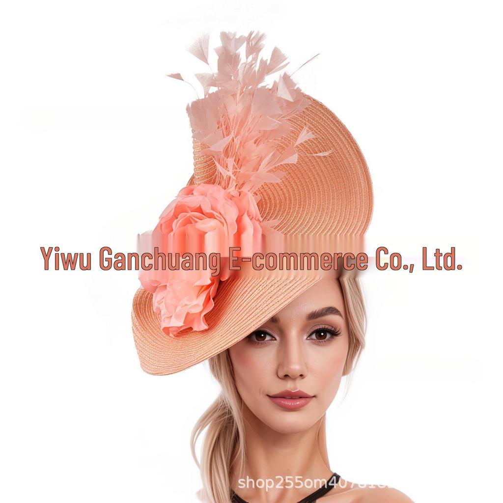 Elegant Straw Exaggerated Top Hat with Flowers & Feathers Headband Hair Accessory