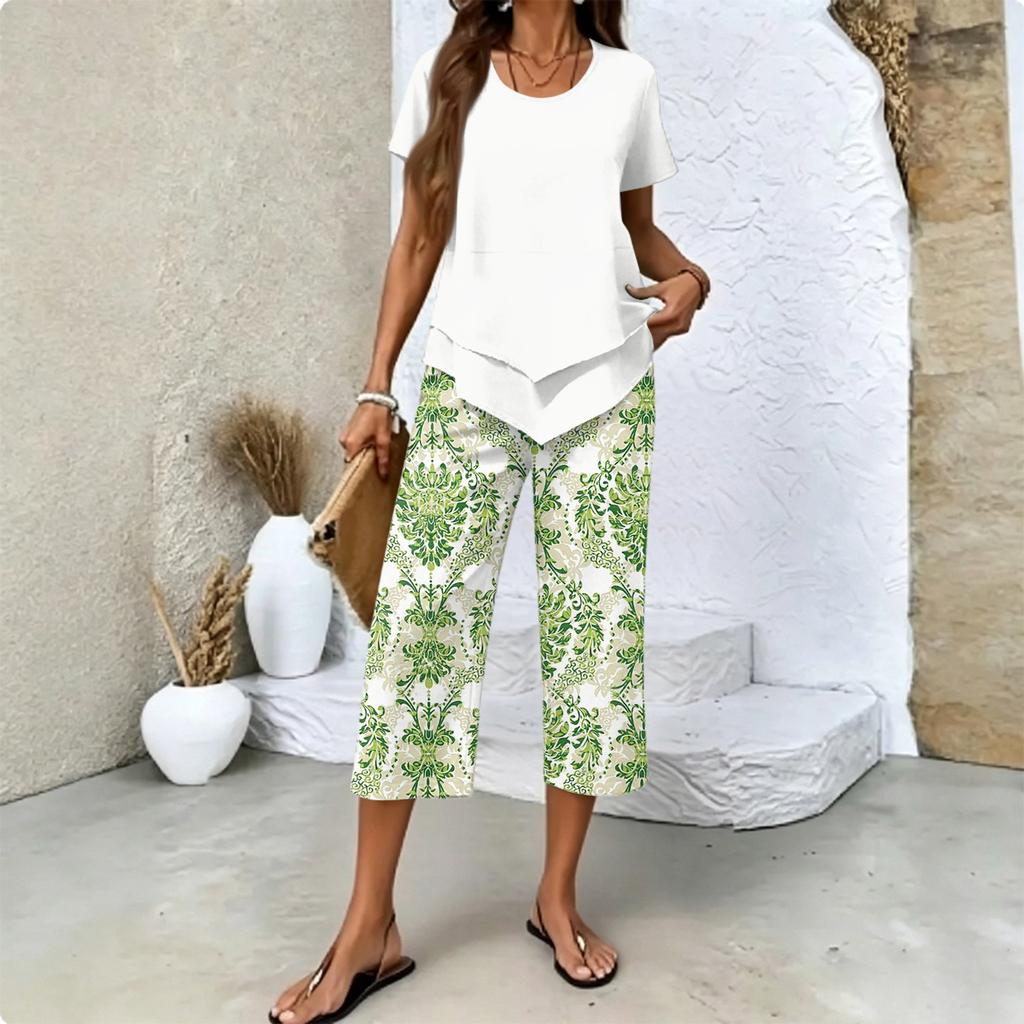 Women's Casual Short Sleeve Printed T-Shirt and Pants Set - Round Neck Summer Top with 3/4 Length Bottoms - Fashionable Outfit for Women