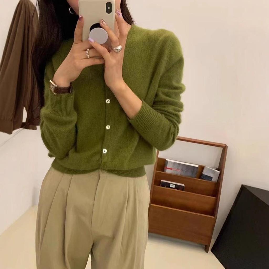 Women's Mustard Green Raccoon Fur Knit Cardigan - Soft, Fluffy Autumn Outerwear, Round Neck Sweater Coat for a Refined Look.