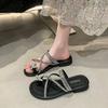 2025 new French rhinestone fairy slippers female summer wear flat bottom cover toe beautiful with skirt beach sandals female
