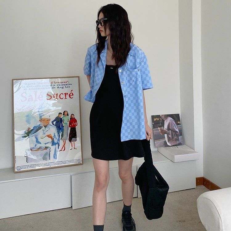 Women's Checkered Short Sleeved Shirts Summer American Style Thin Blouses Loose Casual Versatile Ladies Clothing