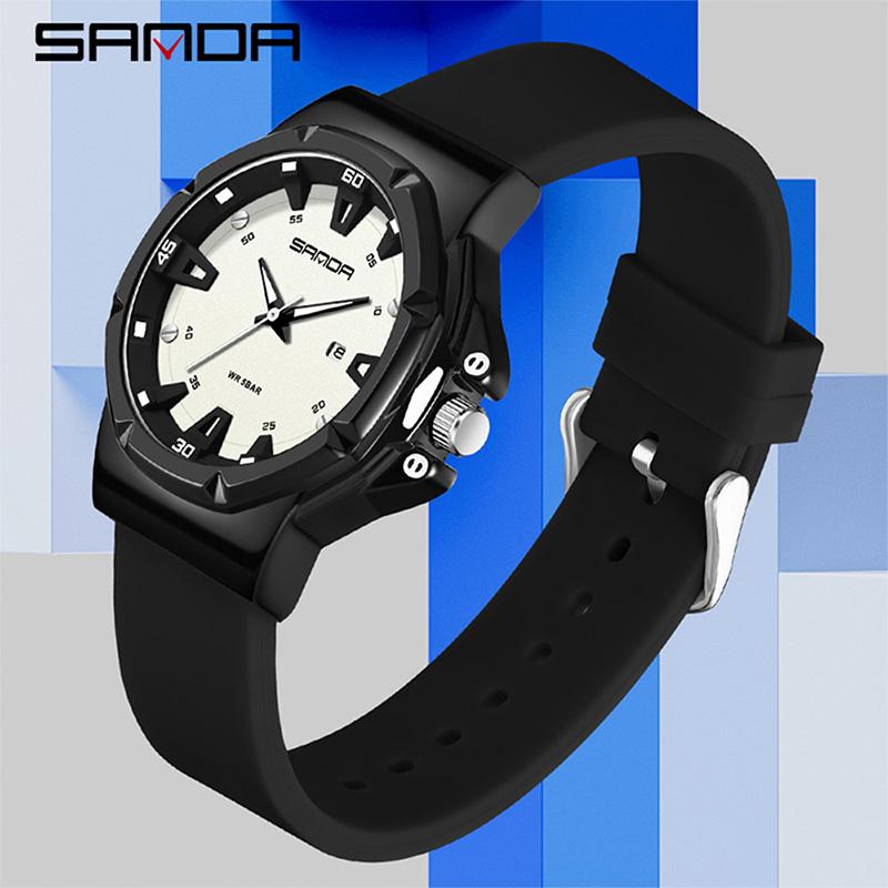 SANDA 3260 Sleek Trendy Student's Quartz Watch Silicone Strap Auto Calendar Waterproof Casual Wear Wristwatch for Adolescent