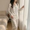 Little Butterfly Women's Spring Color Silk Pajama Set - Long Sleeve, Long Pants, Lace Trim, Button-Up- Can Be Worn Outdoors.