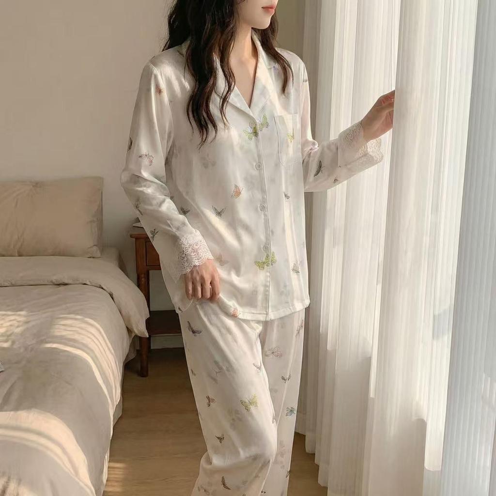 Little Butterfly Women's Spring Color Silk Pajama Set - Long Sleeve, Long Pants, Lace Trim, Button-Up- Can Be Worn Outdoors.