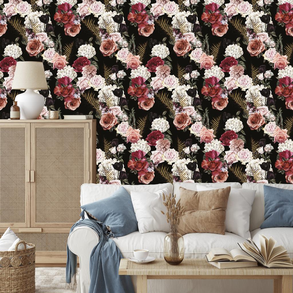 Roses and Fern Leaves Wallpaper for Living Room and Bedroom 50x1000