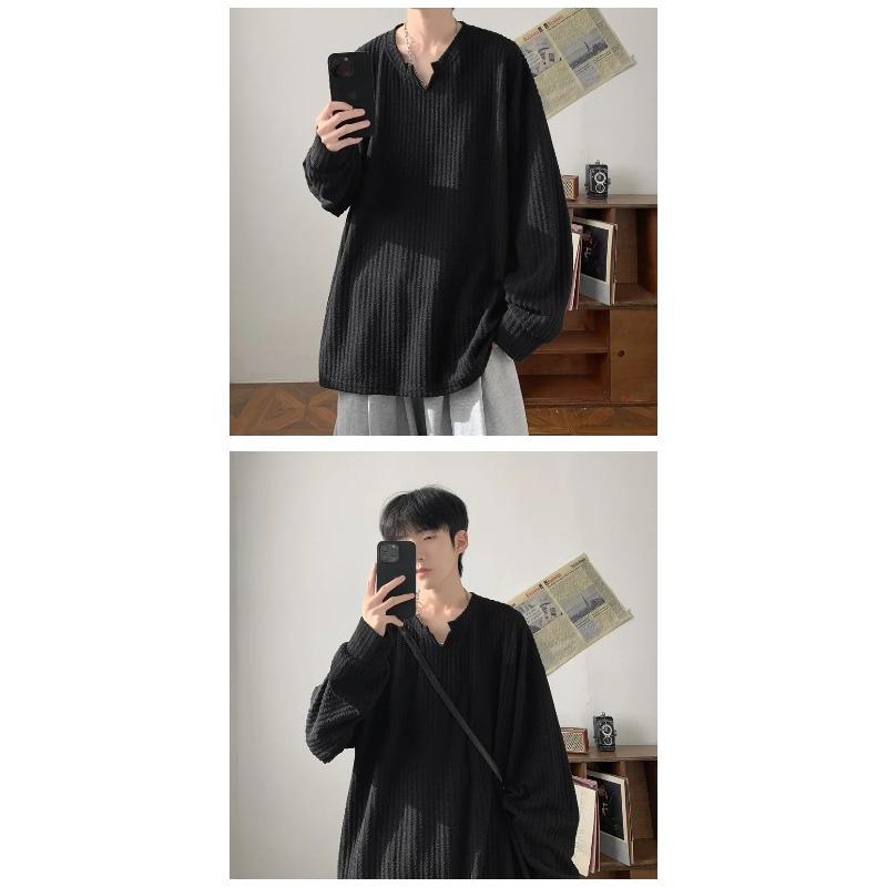 Autumn Korean Streetwear T Shirt Men Fashion Hip Hop Baggy Casual Solid Color Loose Long Sleeve Tees