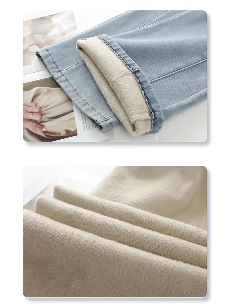 Women's 2024 Light Blue High-Waisted Retro Micro-Flare Jeans with Plus Velvet for Autumn/Winter