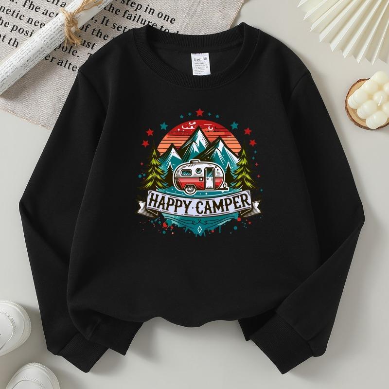 Kids Crewneck Long Sleeve Sweatshirt,Happy Camper Mountain Adventure Trail Print 110 чёрный