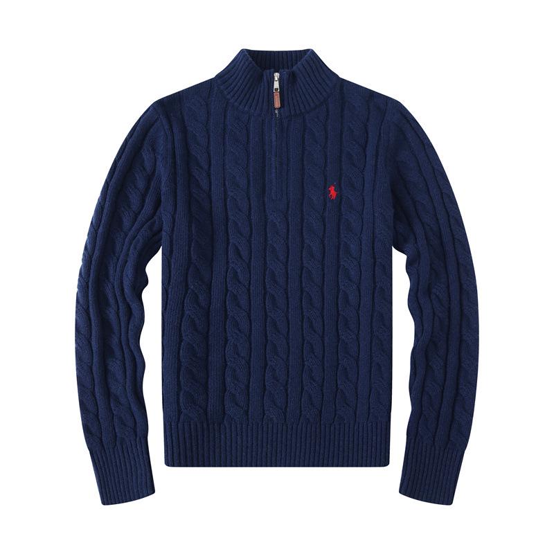 Paul Herren Polo-Pullover aus Kabelstrickwolle und Baumwolle mit halbem Reißverschluss, halbem Stehkragen, kleinem Pferde-Logo, Langarm