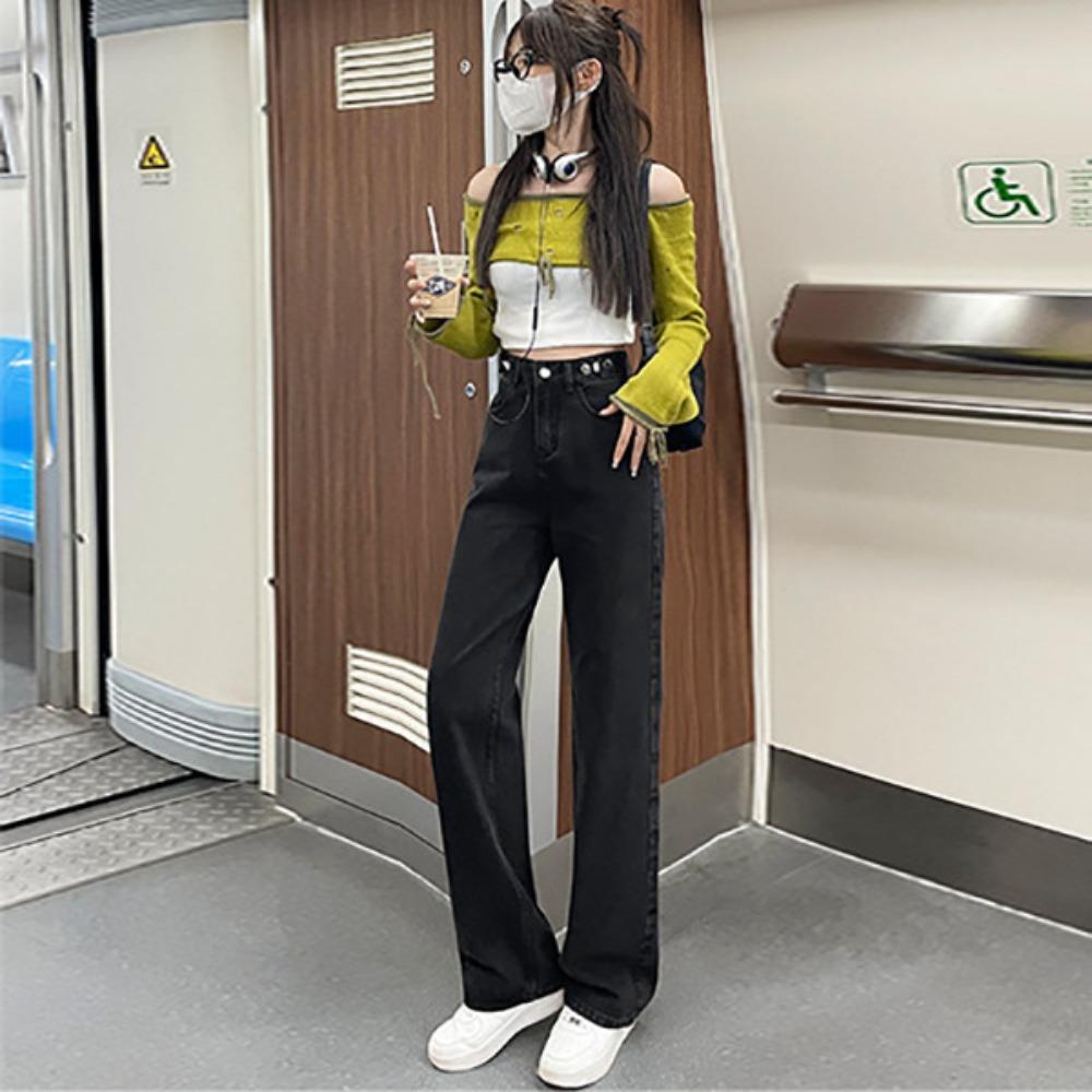 Loose Adjustable Wide-leg Jeans Women's 2025 Autumn and Winter New High-waisted and Thin Straight Jeans