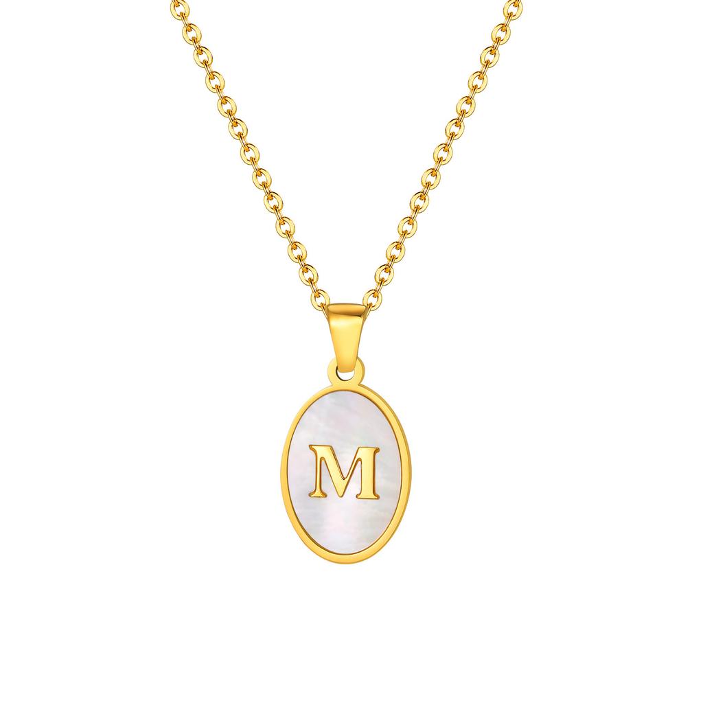 Stainless Steel Oval White Shell 26 Letter Pendant Name Letter Necklace Commemorative Gift Pn-2186