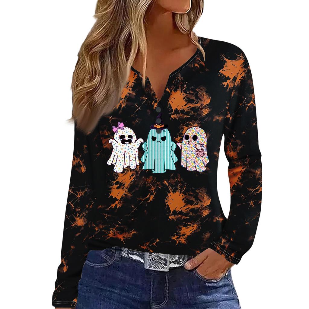 Women's Casual Halloween Print V-Neck Long Sleeve T-Shirt with Decorative Buttons