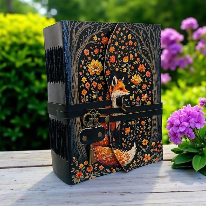 Fox Leather Journal Vintage Handmade, Grimoire Fat Journal with Key Blank Spell Book of Shadows, Celestial Christmas Gifts