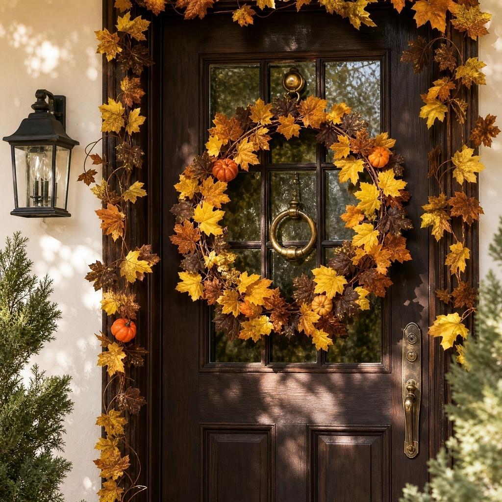 Artificial Maple Leaf Garland Faux Pumpkin Vine Decorative Hanging for Autumn Indoor Outdoor Party Home Wedding