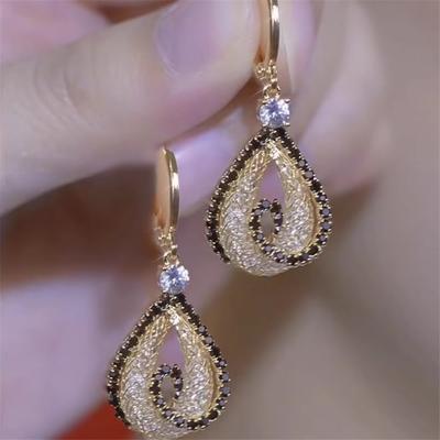 Luxury Female White Black Zircon Stone Water Drop Hoop Earrings Vintage Fashion Gold Color Wedding For Women