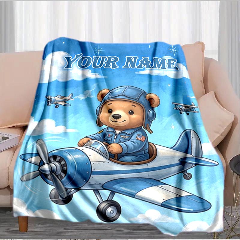 1PC Custom Name Bear pilot airplane. blanket versatile,all-season throw suitable for the living room,bedroom,camping,travel,and gift