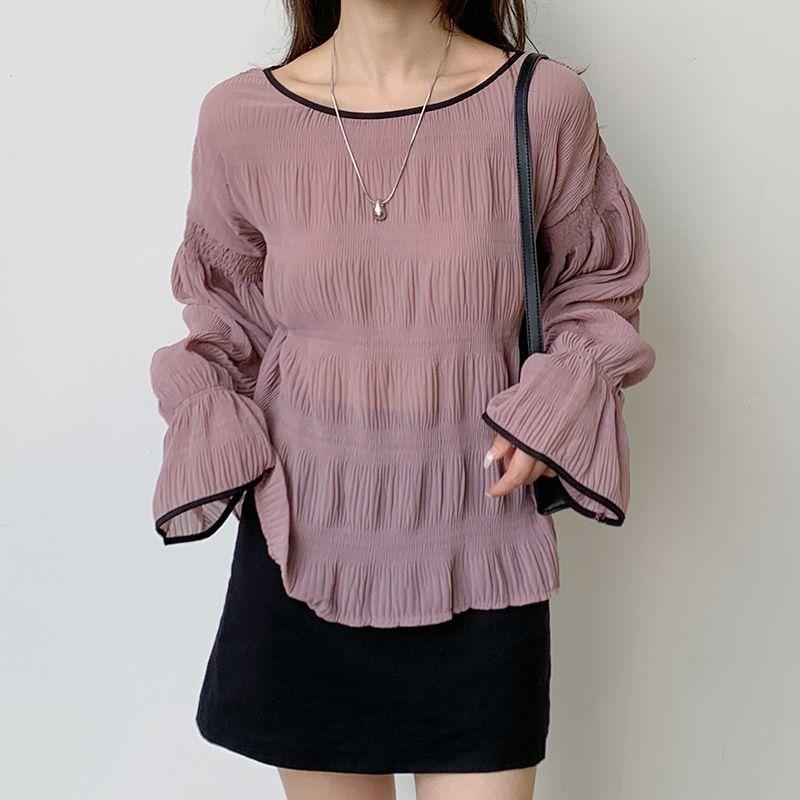 

Autumn New Japanese and Korean Fashion Commuter Ol round Neck Pleat Pleat Lace-up Speaker Long sleeves Shirt Top All-Matching Women Purple pink One size