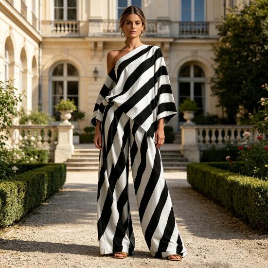 Damen gestreifte 2-teilige Sets Lässiges One-Shoulder-Langarmtop und Hose passendes Set Sommer Lässige Urlaubs-Loungewear Outfits