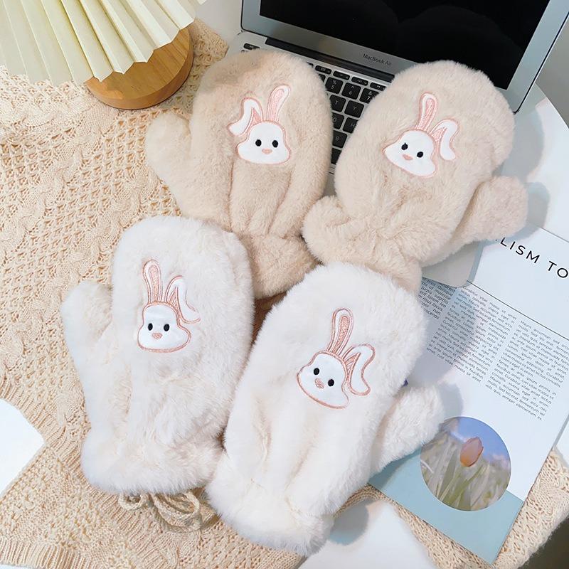 Fold-eared rabbit mittens female winter cute warm and cold-proof plush thickened plush neck cartoon