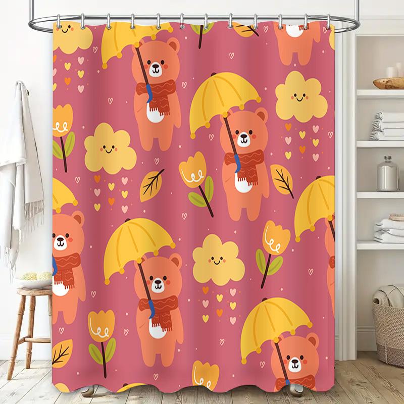 Adorable Animal Umbrella Shower Curtain Set For Bathroom Decor With Fall Colors Pink, Yellow Orange Floral Pattern Perfect Gift