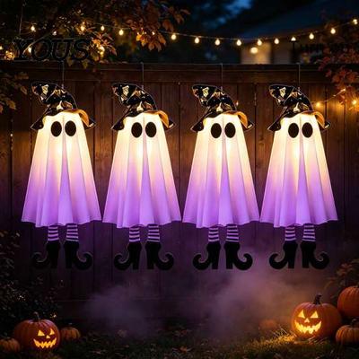 Garden Hanging Spooky Props Halloween Ghost Decoration with Witch Hat And Leg, LED Lighted Glowing Floating for Indoor Outdoor Front Yard Porch