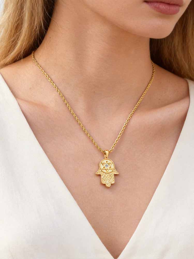 Hamsa Hand Star of David Necklace 18K Gold Plated Stainless Steel Protection Amulet Cubic Zirconia Pendant for Women