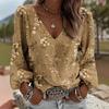 Yousheng Women Tops Retro Floral Print Puff Long Sleeve Shirt V-neck Loose Fit Casual Blouse Breathable Daily Wear