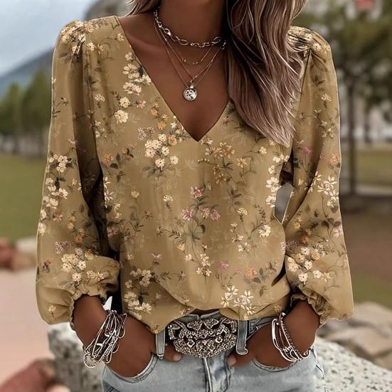 Yousheng Women Tops Retro Floral Print Puff Long Sleeve Shirt V-neck Loose Fit Casual Blouse Breathable Daily Wear