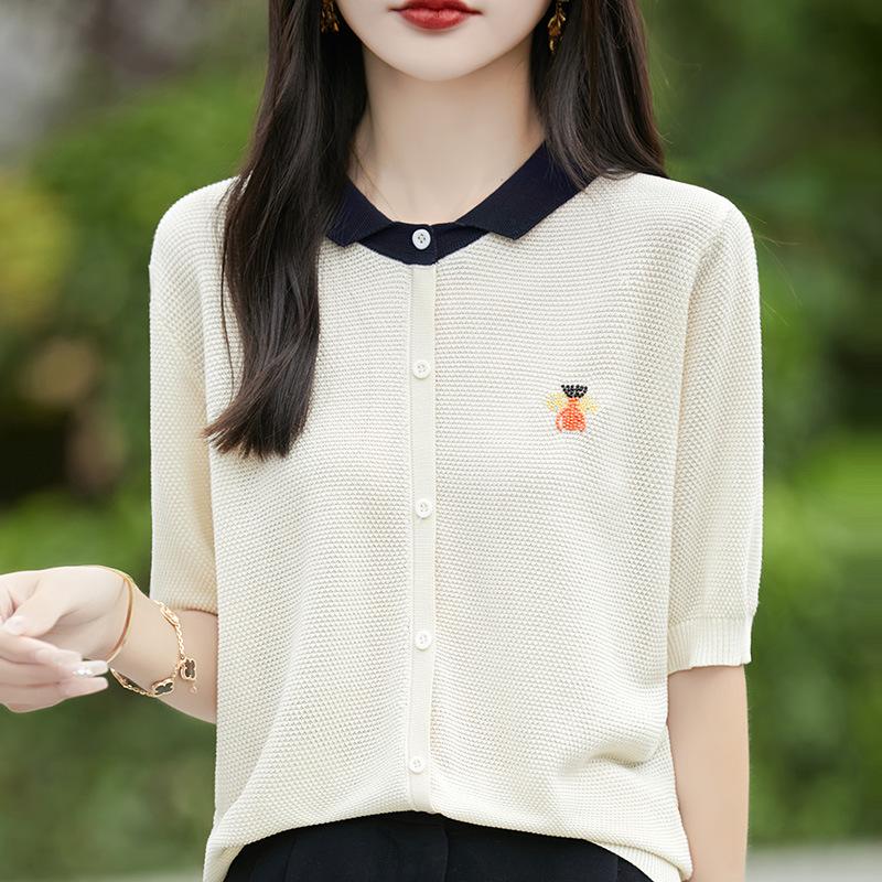 Tennis Doll Collar Short-sleeved Fashionable Versatile Knitted Base Shirt for Women High-end Minimalist Style High-end Embroidered Half-sleeved Top