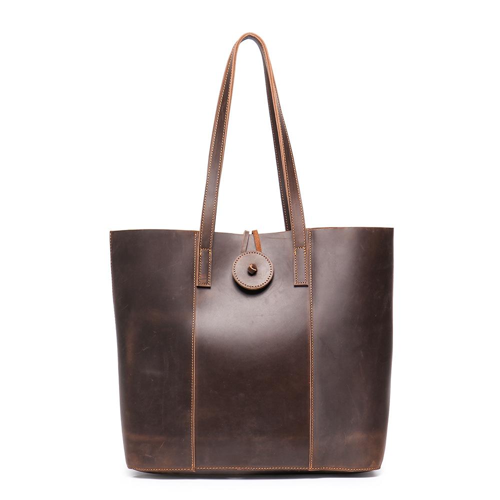 Vintage Crazy Horse Pitot Bag, Genuine Leather Women'S Portable Shopping Bag, Cowhide Commuter Large Capacity Shoulder Bag, Mother And Child Bag