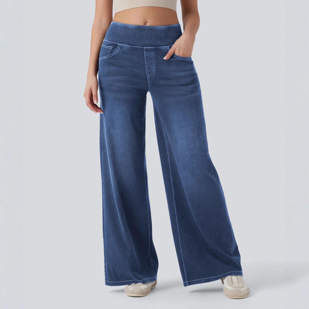 Nuovi Jeans Larghi Elasticizzati a Gamba Larga a Vita Alta Primavera ed Estate, Jeans da Donna e Pantaloni Lunghi a Gamba Larga Snellenti e Aderenti