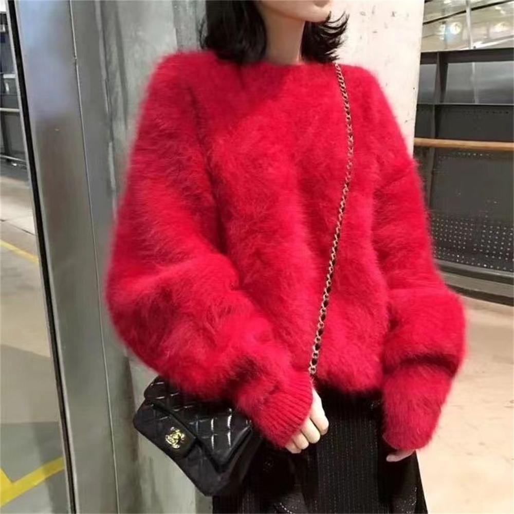 Women Autumn Winter Thick Mink Velvet Knitted Tops Female Round Neck Loose Pullover Ladies Solid Color Sweaters Tops