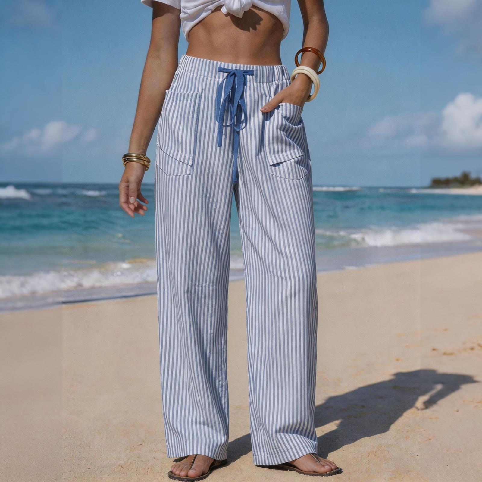 

Women s Casual Wide Leg Pants Striped Drawstring Waistband with Pockets Lightweight Comfortable Loose Fit Trousers for Daily Wear XXL синій