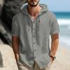 Summer Cotton Linen Shirt for Men Hooded Short Sleeve Solid Color Breathable Lightweight Drawstring Design Shirts Casual Basic Tees